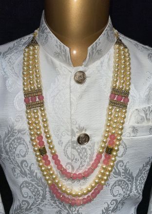 Cream And Pink Beaded Kantha Mala