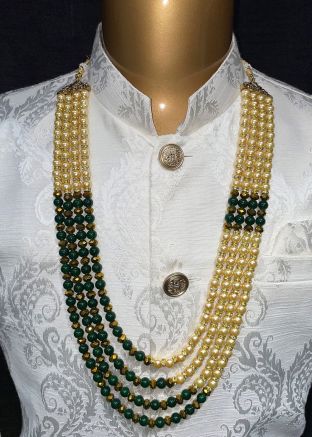 Cream And Green Beaded Groom Kantha Mala