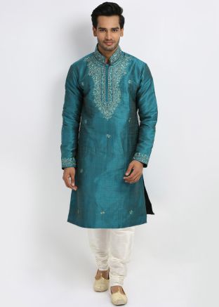 Turquoise Embroidered Art Silk Kurta With Churidar