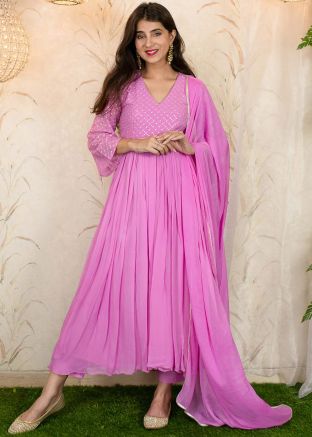Readymade Pink Sequinned Anarkali Suit With Pant