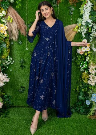 Readymade Blue Thread Embroidered Anarkali Suit 