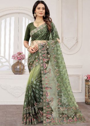 Green Net Saree With Heavy Border
