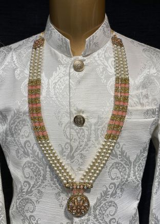 Peach And White Stone Studded Multi Layered Kantha Mala