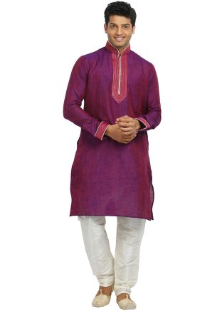 Magenta Cotton Silk Readymade Kurta Churidar Set