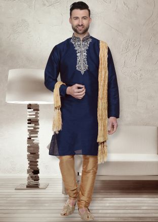 Navy Blue Dupion Silk Embroidered Kurta Churidar Set