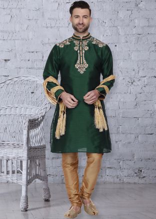 Green Embroidered Readymade Kurta With Churidar