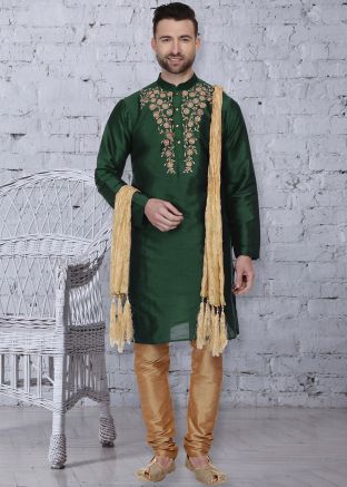 Green Embroidered Dupion Silk Kurta With Churidar