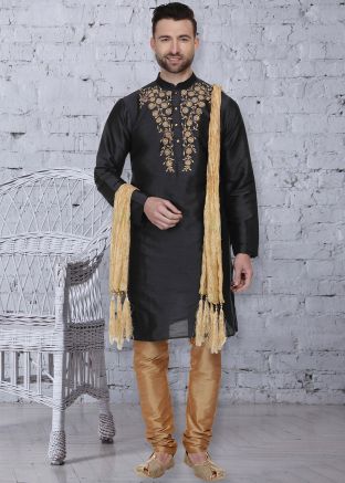 Readymade Black Embroidered Kurta Churidar Set