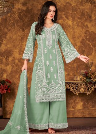 Green Net Dori Embroidered Palazzo Suit
