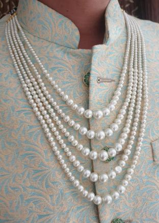 White Mens Multi Layered Pearls Kantha Mala