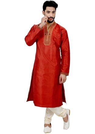 Red Art Silk Readymade Kurta With Churidar