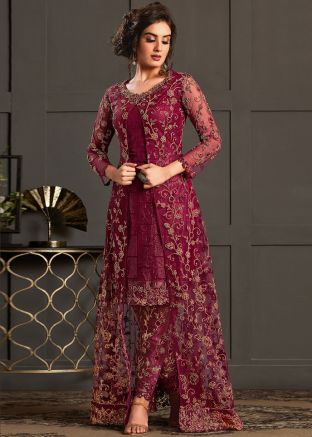 Magenta Dori Embroidered Slit Style Suit