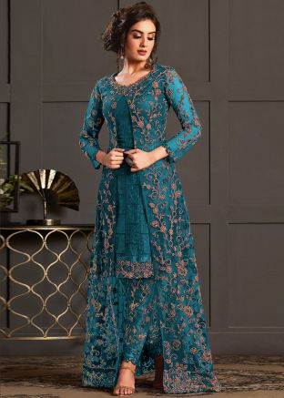 Blue Net Slit Style Suit With Dori Embroidery