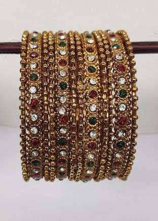 Golden Bangle Set With Multicolor Stones