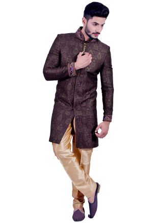 Purple Woven Readymade Sherwani With Churidar