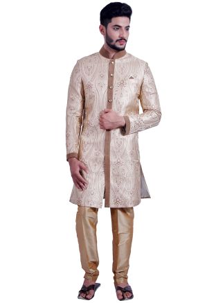 Golden Woven Brocade Readymade Sherwani Churidar Set