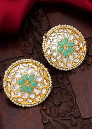 White & Green Studded Kundan Stud Earrings