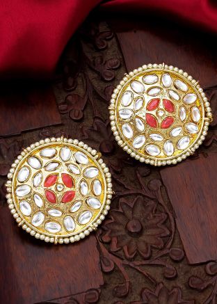 Studded Kundan White & Orange Studs