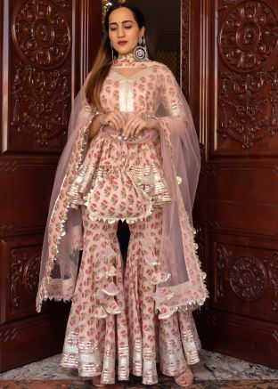 Readymade Peach Hand Block Print Sharara Suit