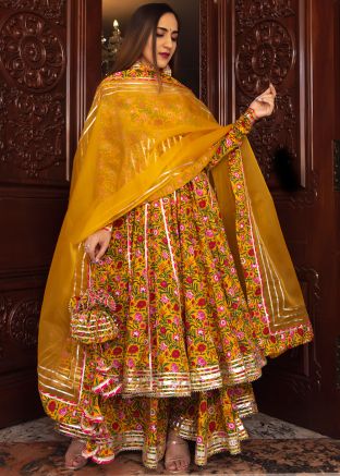 Yellow Readymade Anarkali Palazzo Suit Set 
