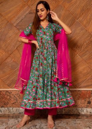Green Readymade Floral Printed Anarkali Pant Suit Set