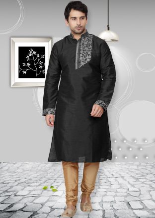 Black Dupion Silk Embroidered Kurta With Churidar