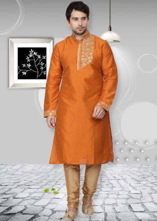 Readymade Orange Embroidered Dupion Silk Kurta Churidar Set