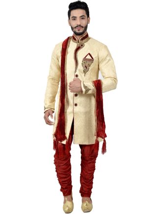 Readymade Cream Woven Groom Sherwani With Breeches