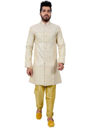 Readymade Cream Brocade Woven Sherwani Churidar Set