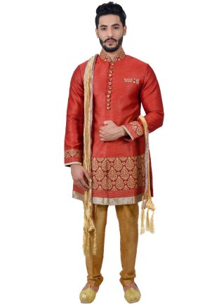 Orange Readymade Woven Sherwani Churidar Set