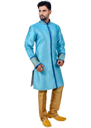 Readymade Blue Art Silk Sherwani With Churidar
