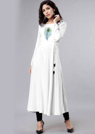 Readymade White Embroidered Kurta Set In Rayon