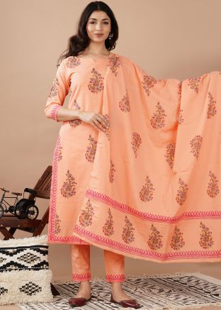 Peach Hand Block Printed Straight Cut Suit