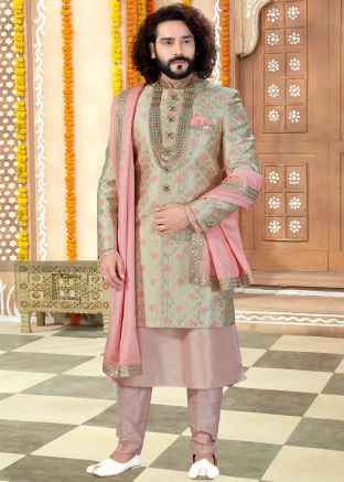 Green Woven Groom Indo Western Sherwani Trouser Set