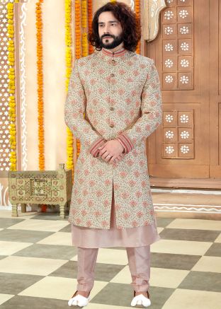 Cream Embroidered Groom Indo Western Sherwani Trouser Set