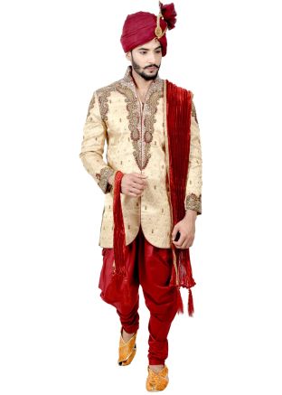 Golden Embroidered Groom Indo Western Sherwani With Dhoti