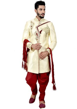Cream Embroidered Asymmetric Groom Sherwani Dhoti Set