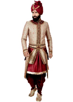 Beige and Maroon Woven Asymmetric Groom Sherwani Dhoti Set