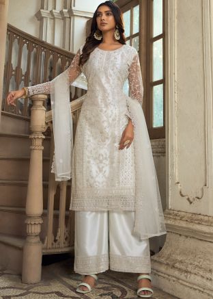 White Dori Embroidered Palazzo Suit In Net