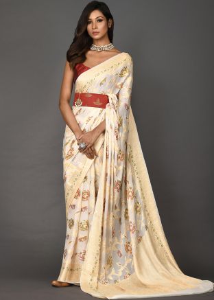 Off White Floral Woven Georgette Saree