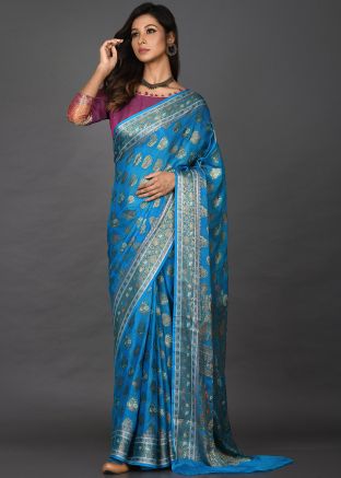 Blue Woven Georgette Saree With Blouse