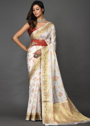 White Zari Woven Art Silk Saree With Blouse