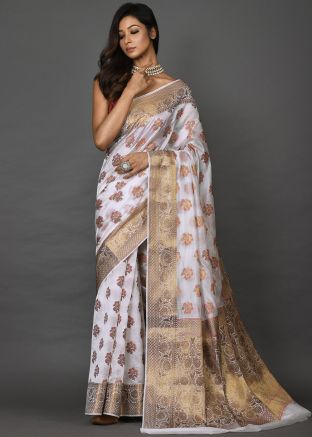 White Festive Zari Woven Saree In Art Silk
