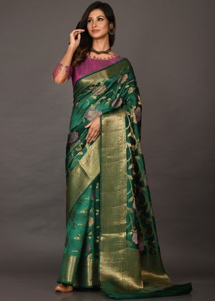 Green Art Silk Saree With Floral Woven Work