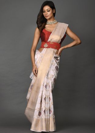 White Floral Art Silk Saree With Blouse