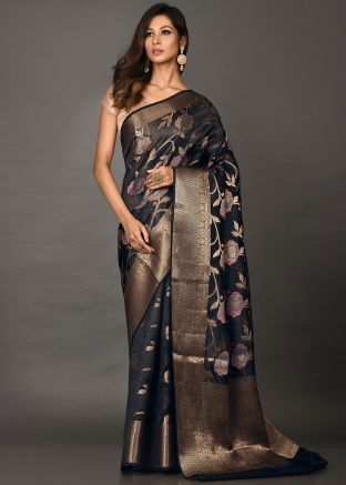Black Floral Art Silk Saree With Blouse