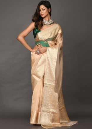 Cream Woven Border Party Wear Saree In Tissue