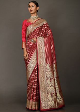 Maroon Bridal Woven Saree In Art Silk
