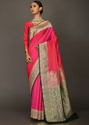 Pink Woven Handloom Saree In Art Silk
