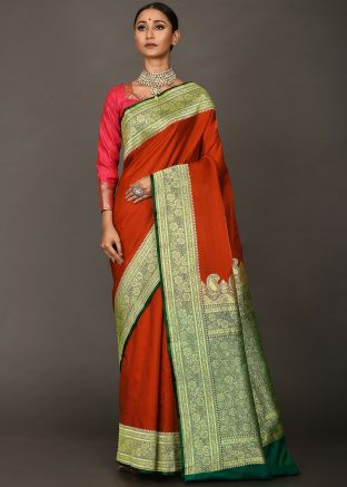 Orange Woven Handloom Saree In Art Silk